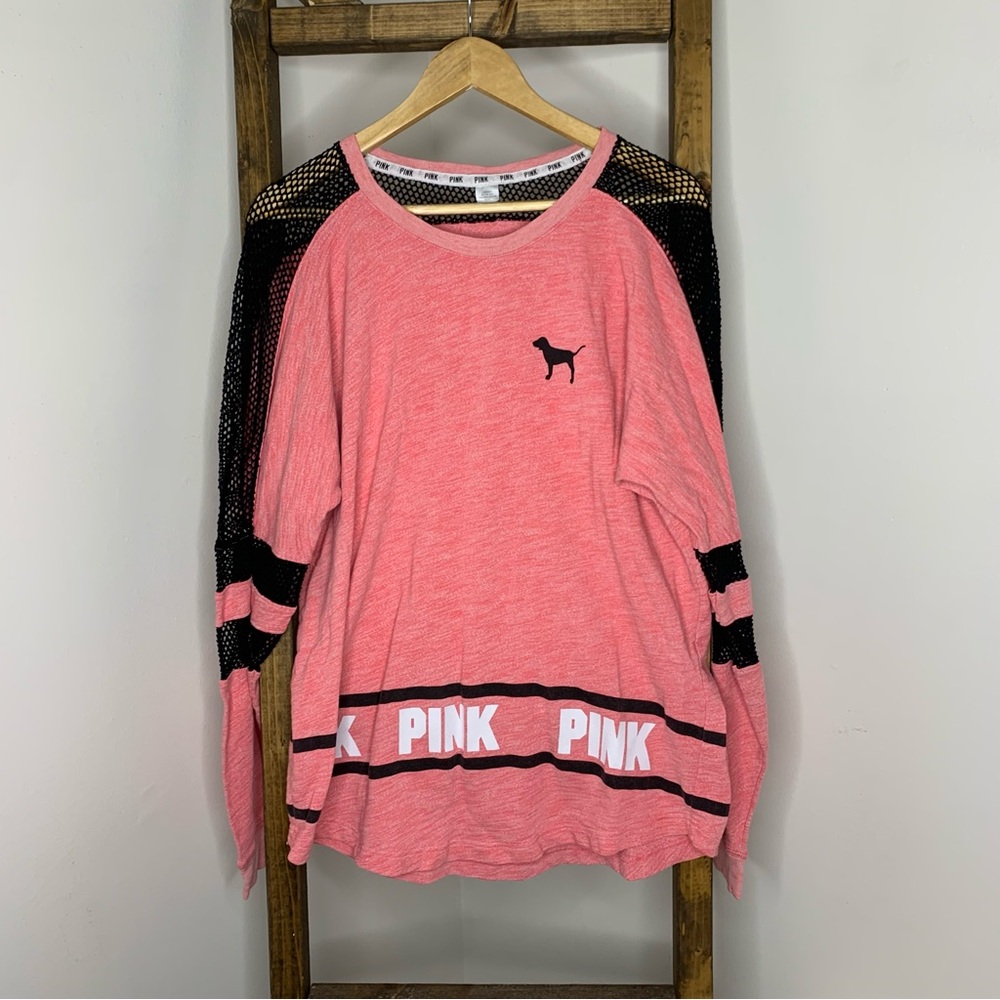 Pink Long Sleeve Top with Black Mesh Details L